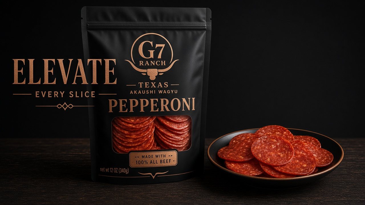 Pouch of G7 Ranch Wagyu Pepperoni beside a dish of sliced pepperoni